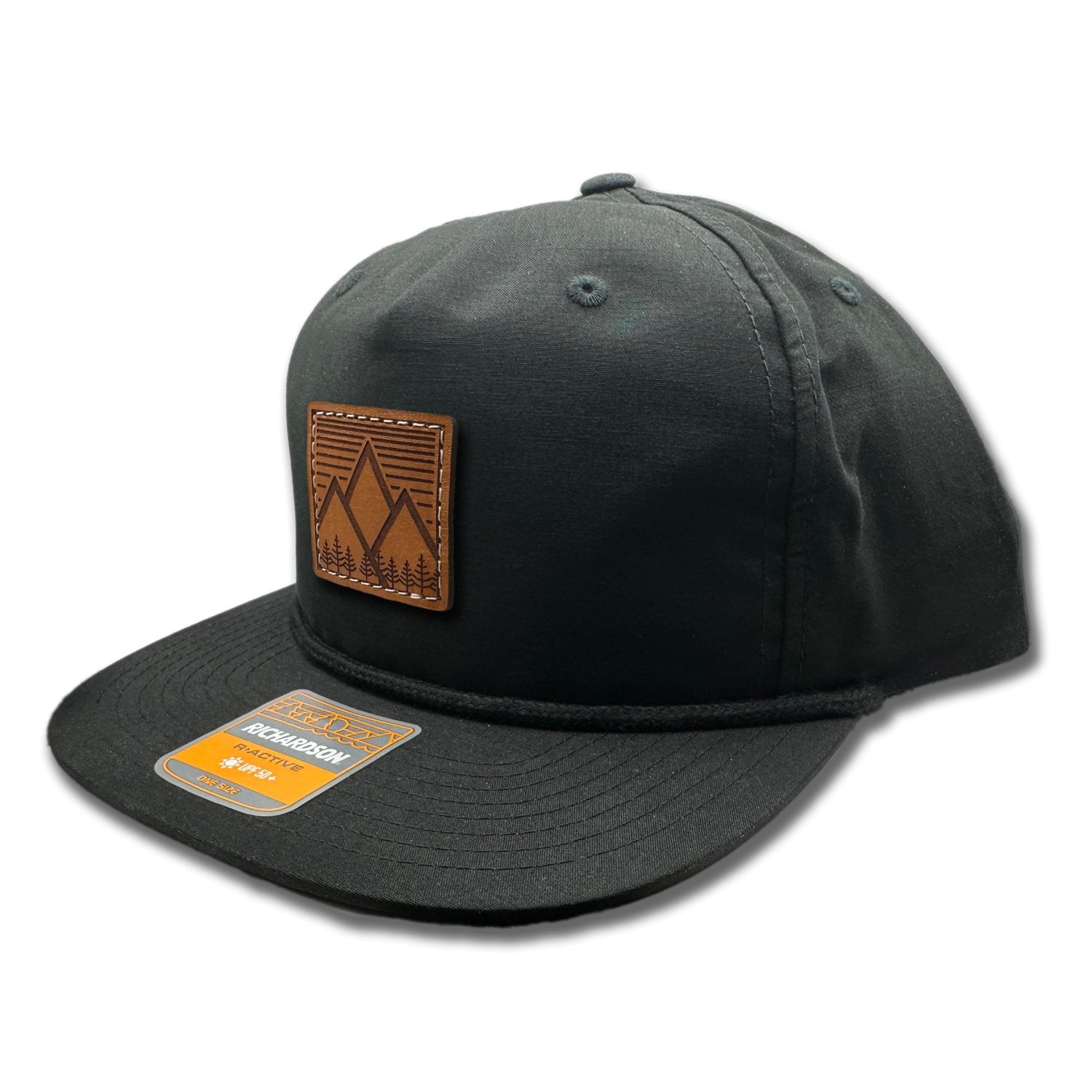 Side view of the Mountain West leather patch hat on Richardson 256 Umpqua in Black/Black, showcasing the rope detail, adjustable snapback closure, and low profile fit. Perfect custom leather patch hat for mountain adventures