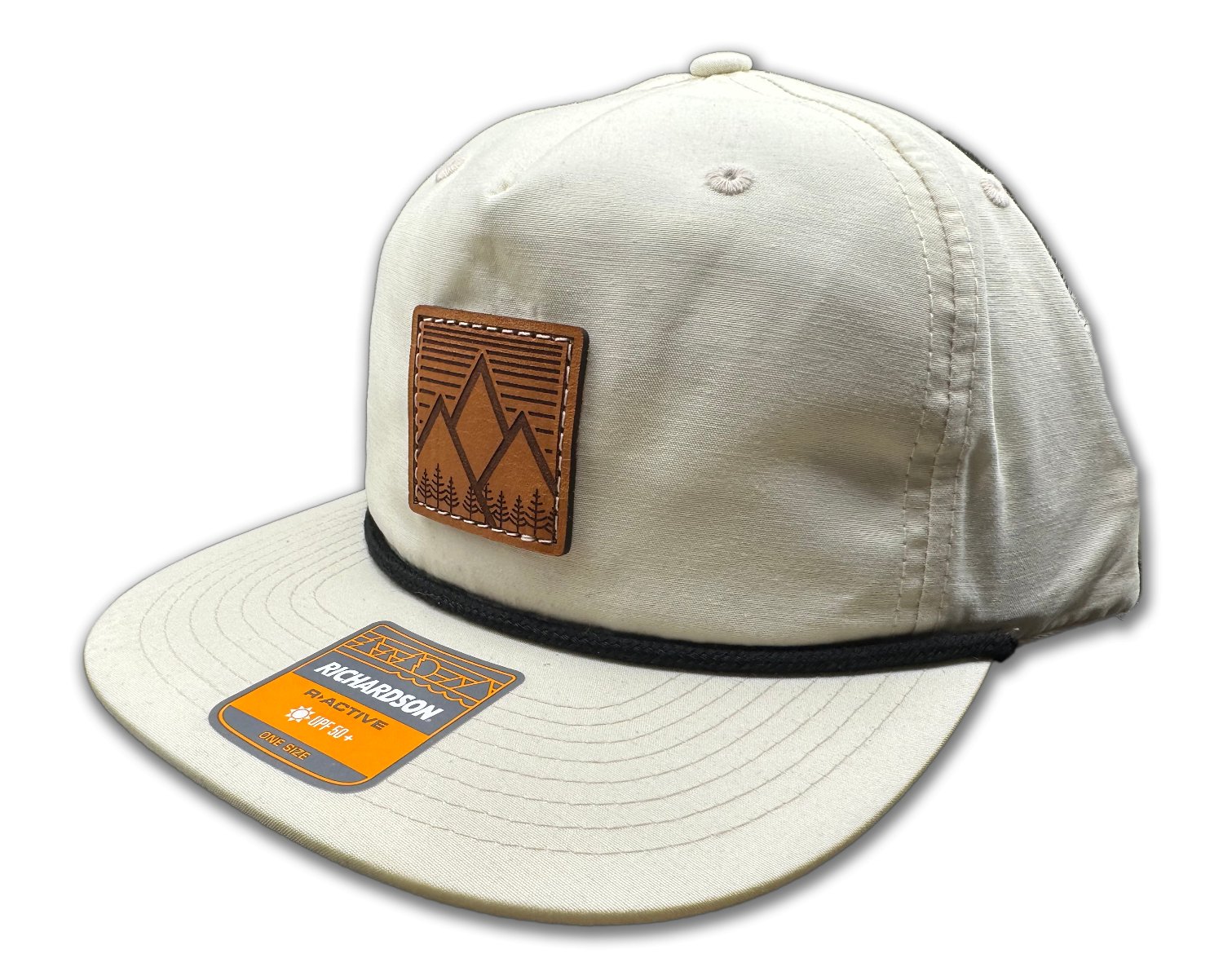 Side view of the Mountain West leather patch hat on Richardson 256 Umpqua in Birch/Black, showing the rope detail, low profile fit, and adjustable snapback closure. A perfect choice for a custom leather patch hat.