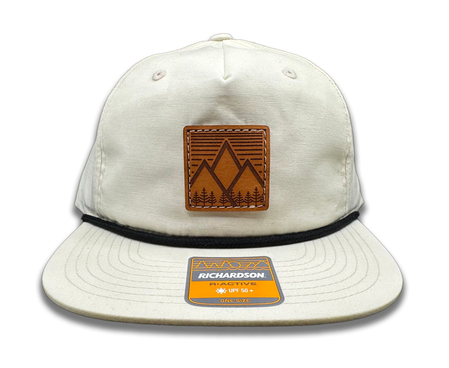 Front view of the Mountain West leather patch hat on Richardson 256 Umpqua in Birch/Black, featuring a low profile, five-panel construction with a rope accent and laser-engraved leather patch. Designed for nature lovers and outdoor enthusiasts.