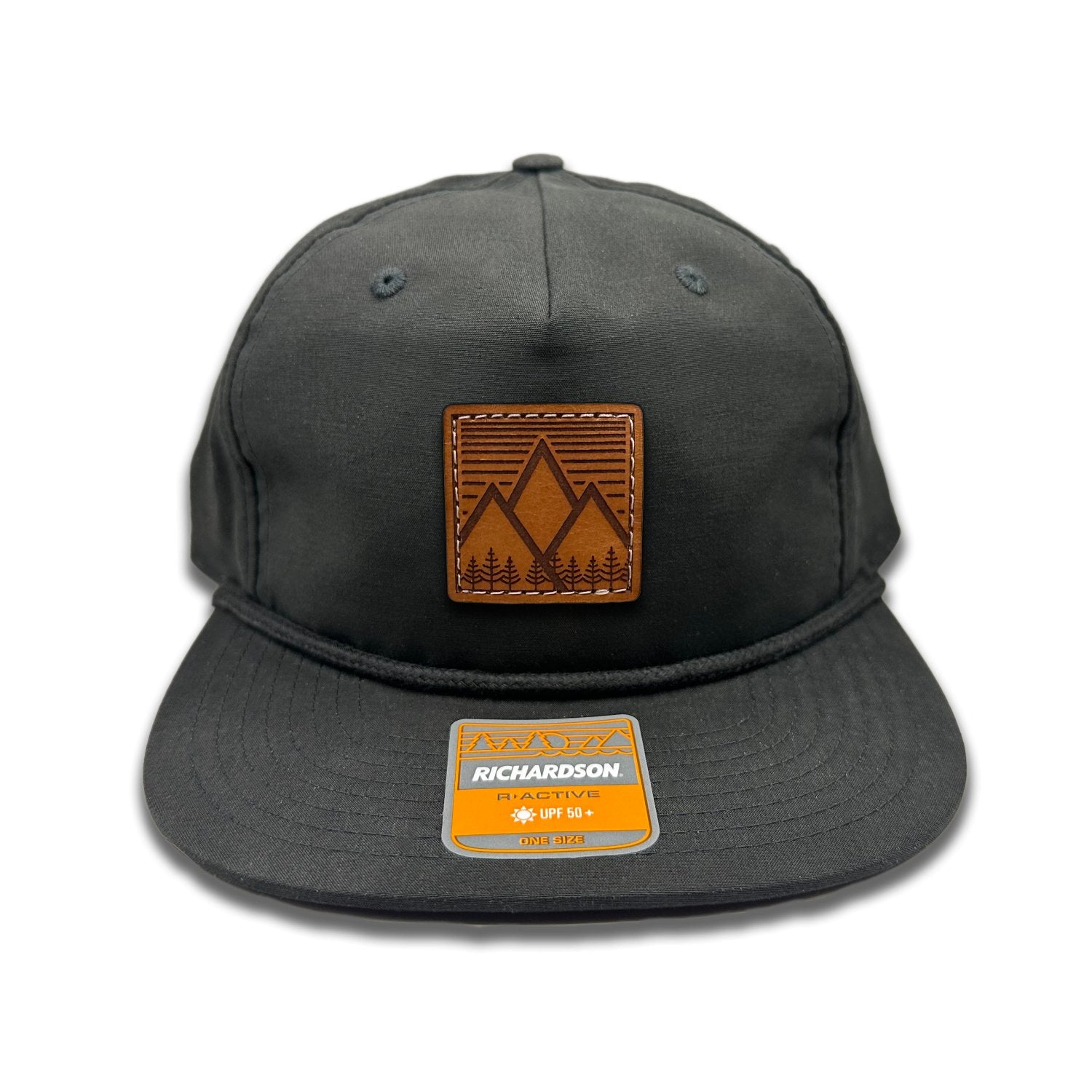 Front view of the Mountain West leather patch hat on Richardson 256 Umpqua in Black/Black, featuring a low profile, five-panel design with a rope accent and laser-engraved leather patch of the Mountain West design. Ideal for outdoor enthusiasts.