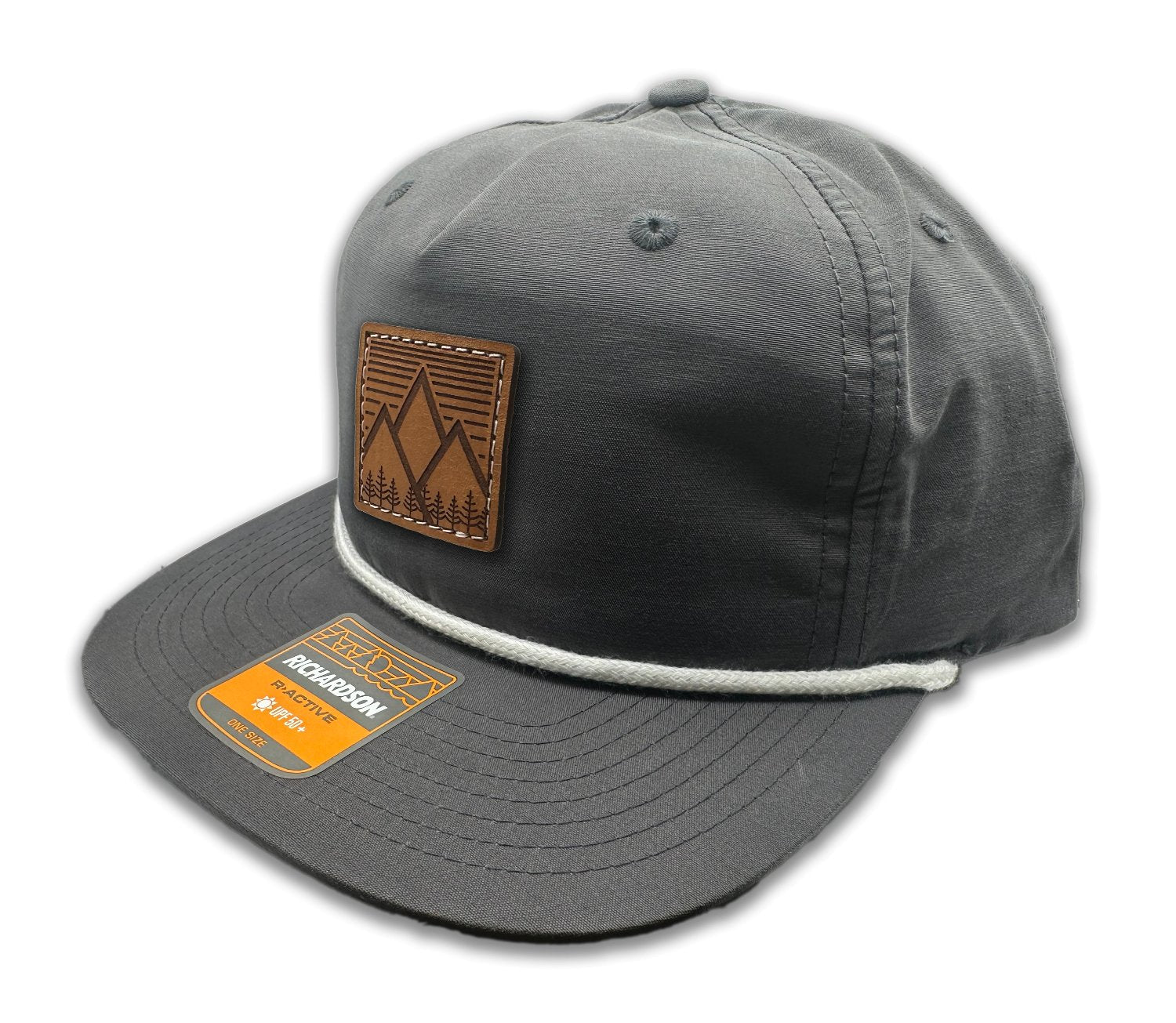 Side view of the Mountain West leather patch hat on Richardson 256 Umpqua in Charcoal/White, highlighting the rope accent, adjustable snapback, and low profile design. A stylish and functional outdoors hat for all adventures.