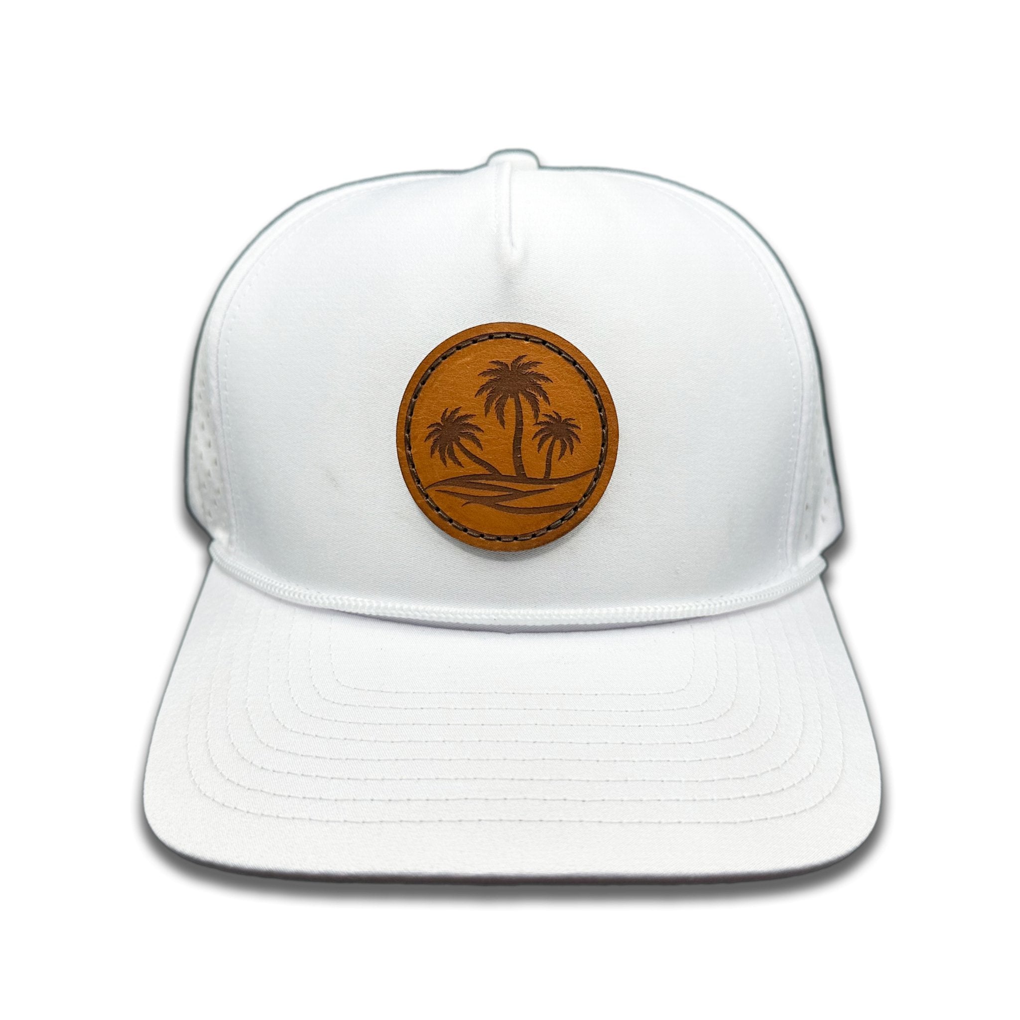 Front view of the Oasis Hat by Outer Wings in white, featuring a high-profile Outer Wings 970 rope trucker hat with a round patch of three palm trees. Designed for outdoor enthusiasts and beach lovers, perfect for a touch of coastal style.