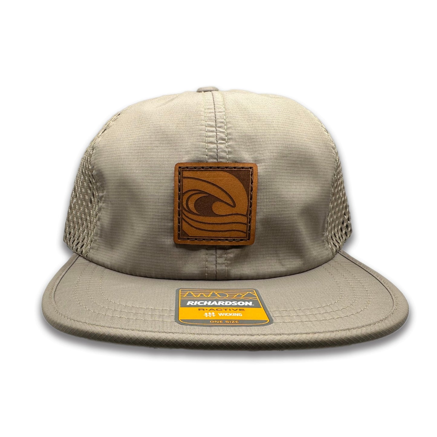 Front view of the Ocean Swell Hat by Outer Wings in Khaki/Khaki, crafted on a low profile Richardson 935 with a square patch featuring an ocean wave design. A perfect custom leather patch hat for those who love the outdoors.