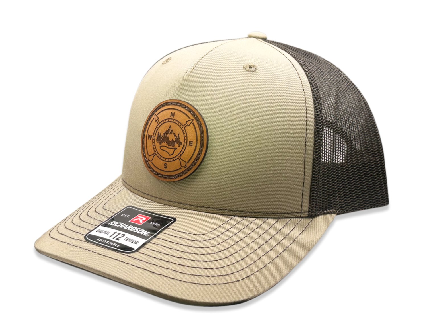 SSide view of the Outdoor Compass Leather Patch Hat by Outer Wings in Khaki/Coffee, showcasing the breathable mesh back, adjustable SnapBack, and pre-curved visor. A versatile outdoors hat for all your adventures.