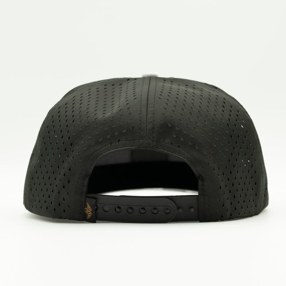 Back of Outer Wings 970 rope hat showing mesh panels and snapback closure.

Color: Black