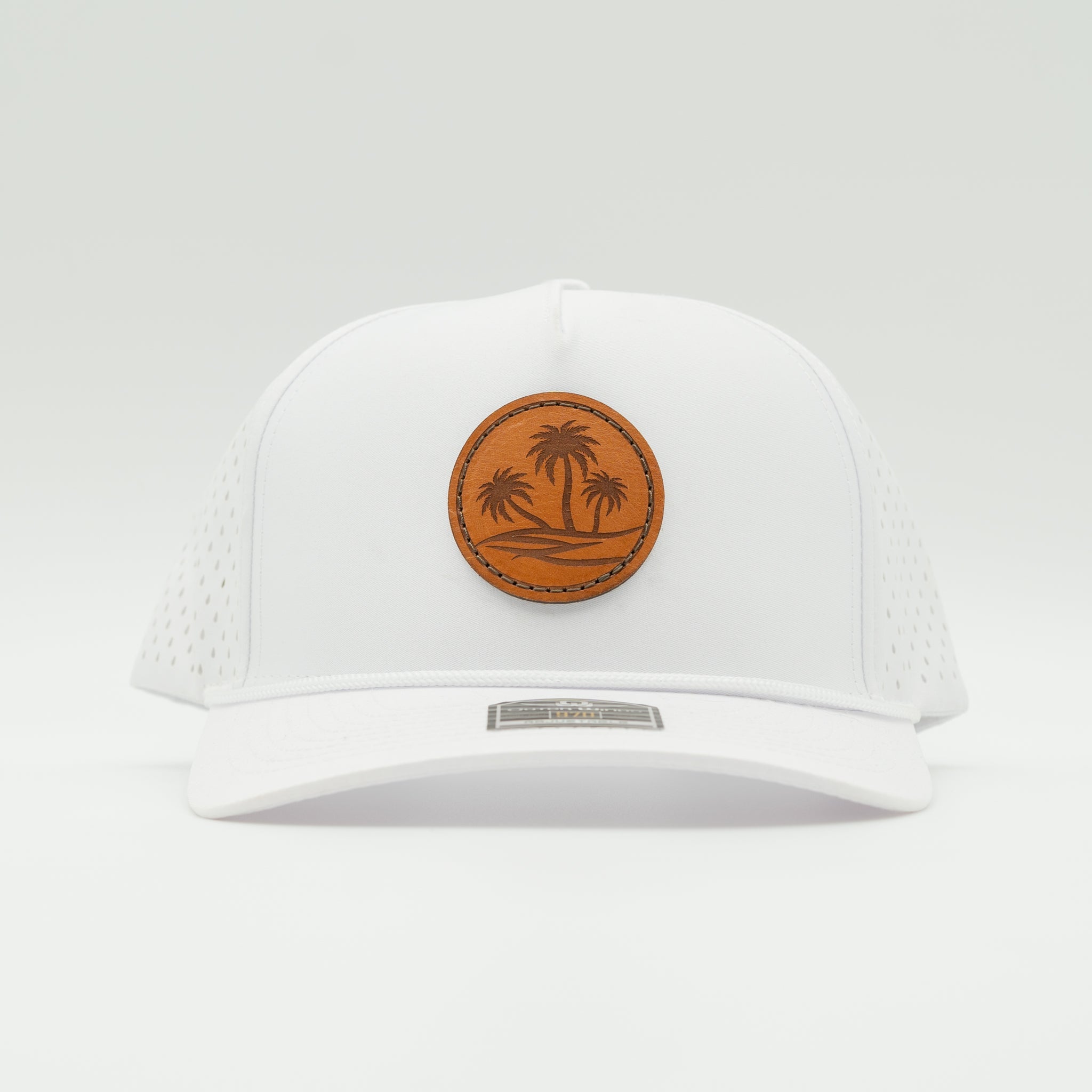 Front view of white Oasis leather patch rope hat on Outer Wings 970 high-profile rope snapback.