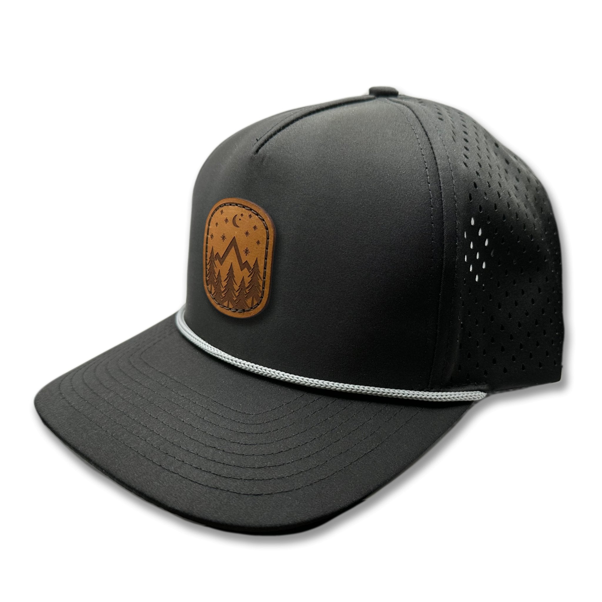 Side view of the Starry Night Leather Patch Hat by Outer Wings in Black, showcasing the rope detail, water-resistant fabric, and adjustable SnapBack. A sleek and stylish custom leather patch hat for casual wear.