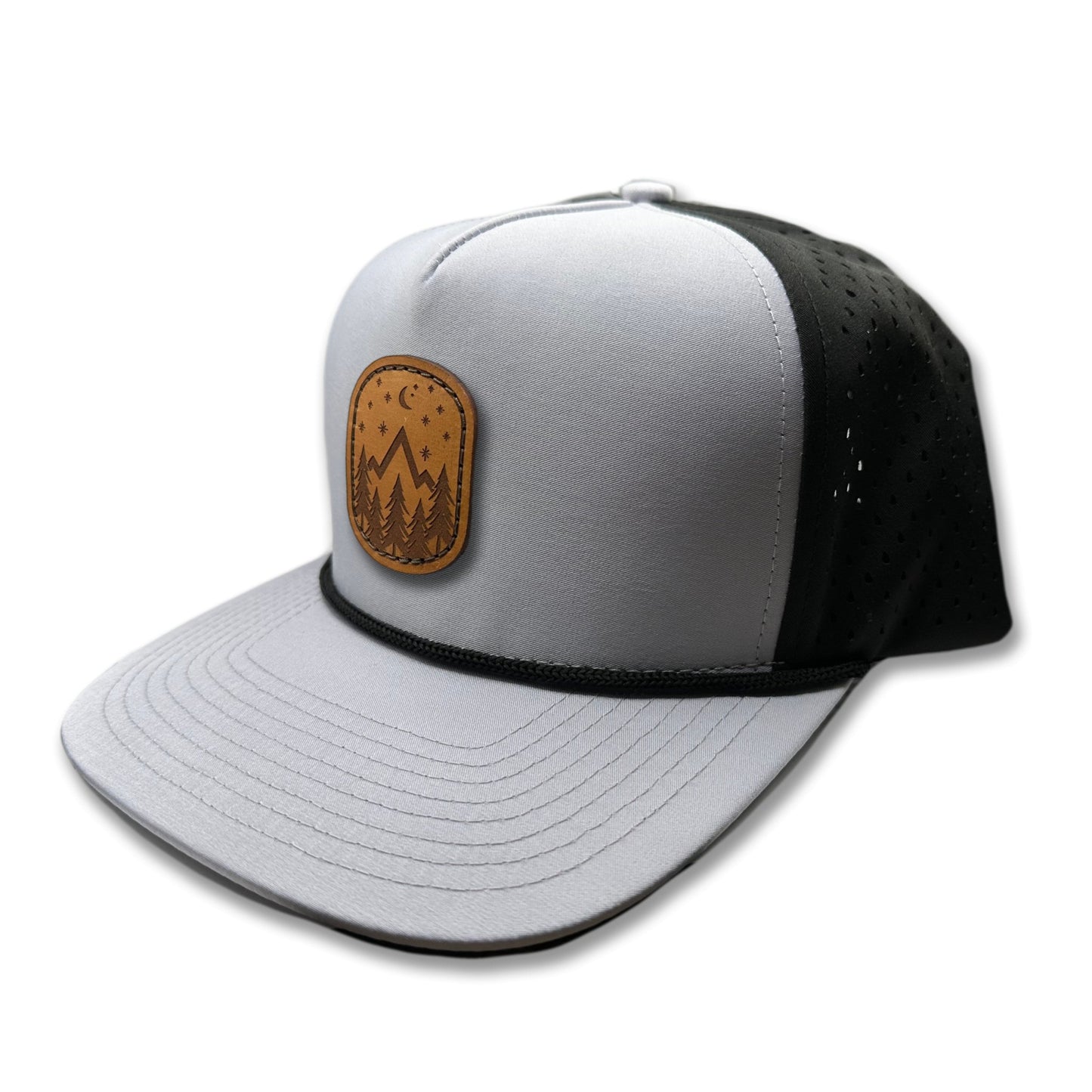 Side view of the Starry Night Leather Patch Hat by Outer Wings in Grey/Black, highlighting the breathable mesh back, rope detail, and adjustable SnapBack closure. A durable and stylish performance hat for all your outdoor adventures.