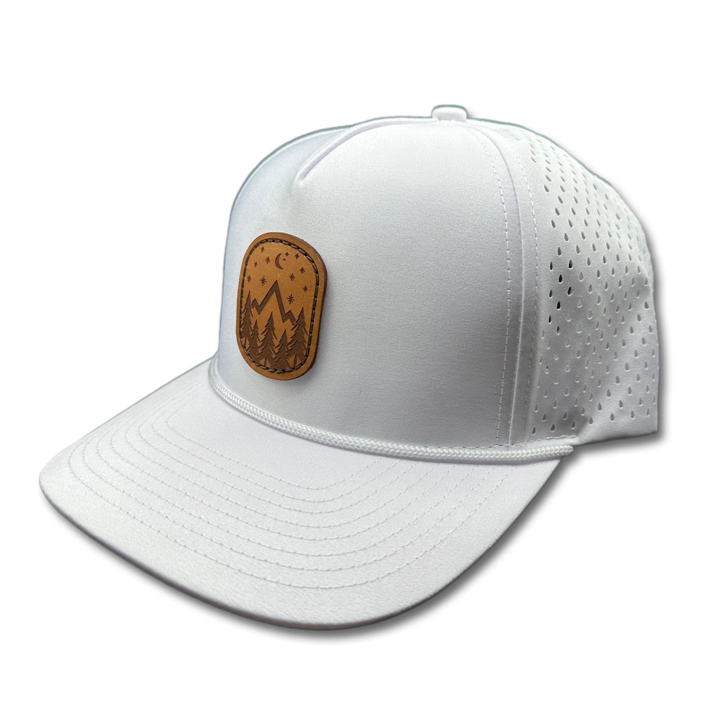 Side view of the Starry Night Leather Patch Hat by Outer Wings in White, highlighting the structured build, rope detail, and adjustable SnapBack closure. A stylish and durable custom leather patch hat for all outdoor adventures.