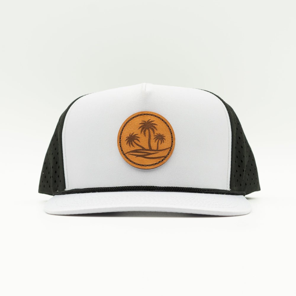 Front view of grey/black Oasis leather patch rope hat on Outer Wings 970, flat bill trucker style.