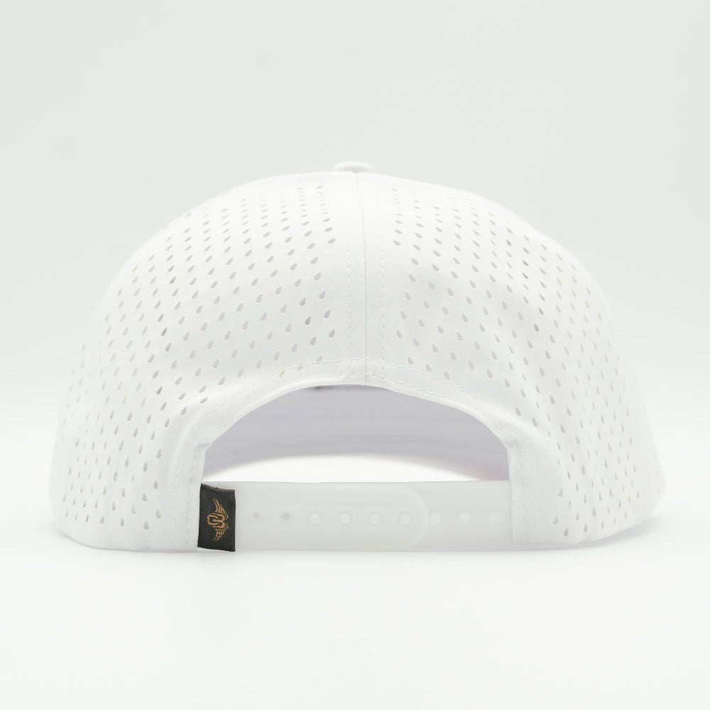 Back of white Outer Wings 970  hat with adjustable snapback strap and rope accent.

Color: Solid White