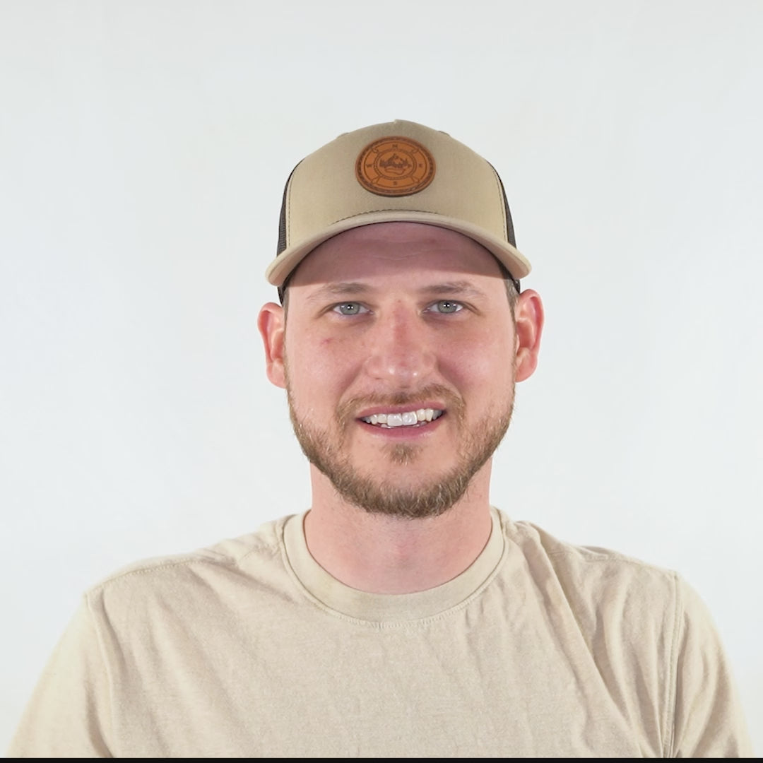 Video thumbnail – man wearing Khaki and coffee Richardson 112FP compass leather patch hat, showing fit from side to side