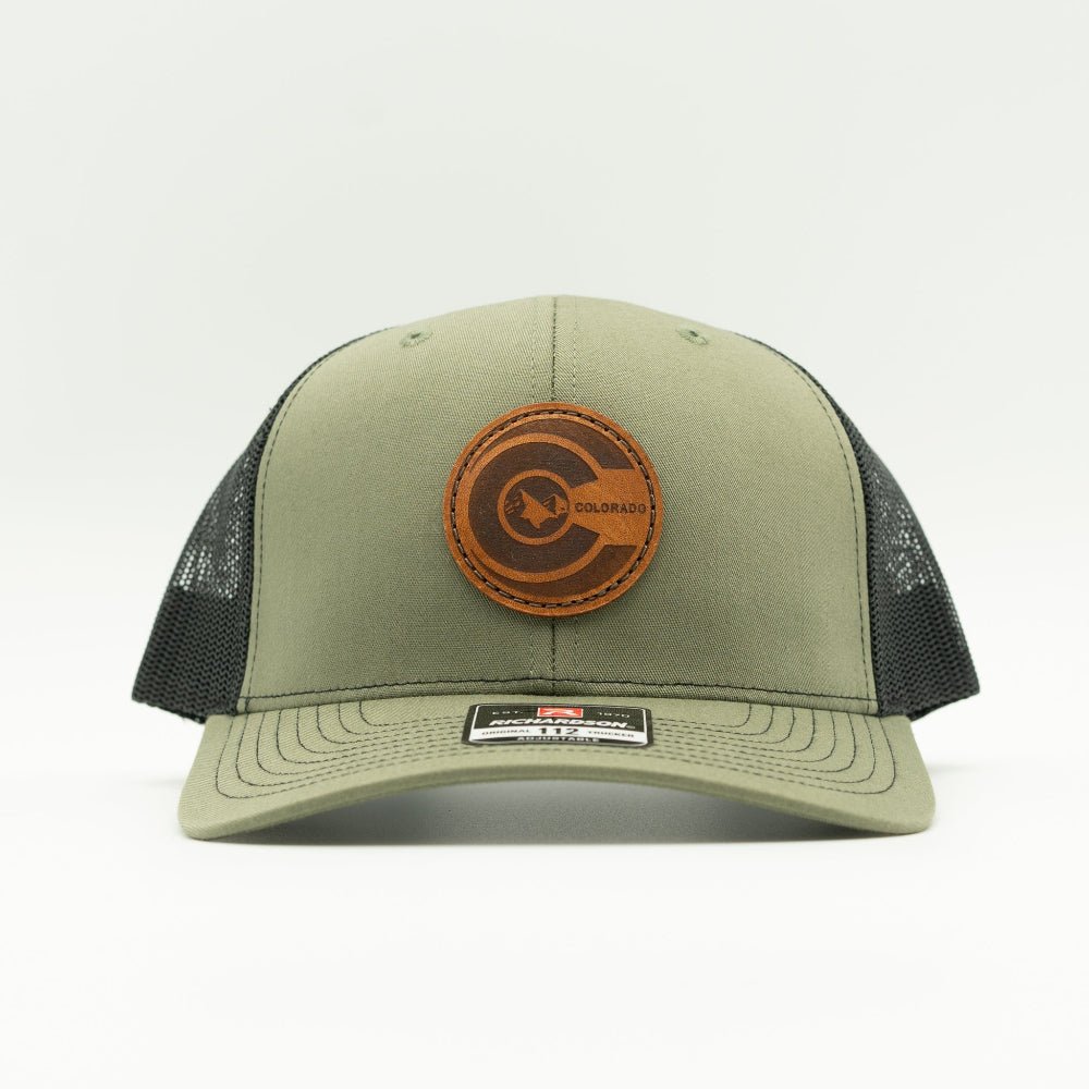 Front view of loden green and black Richardson 112 mid-profile hat with round engraved leather Colorado flag patch and curved bill.

Color: Loden/Black