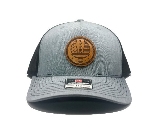 Custom Heather Grey Richardson Leather Patch hat. Our custom designed leather patch is laser engraved and sewn onto a Richardson 112 Hat. We use full-grain, veg tanned leather. Our custom leather patches are handmade and designed in Colorado, USA.