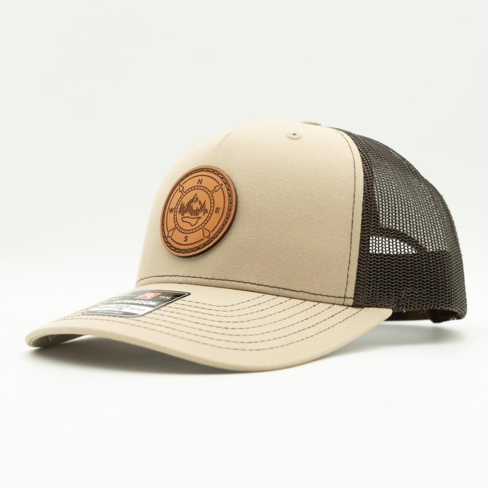 Khaki and coffee Richardson 112FP compass leather patch hat, side angle, earth-tone mesh back trucker with snapback