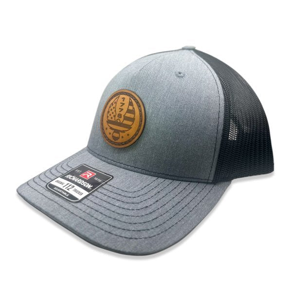 Custom Heather Grey Richardson Leather Patch hat. Our custom designed leather patch is laser engraved and sewn onto a Richardson 112 Hat. We use full-grain, veg tanned leather. Our custom leather patches are handmade and designed in Colorado, USA.