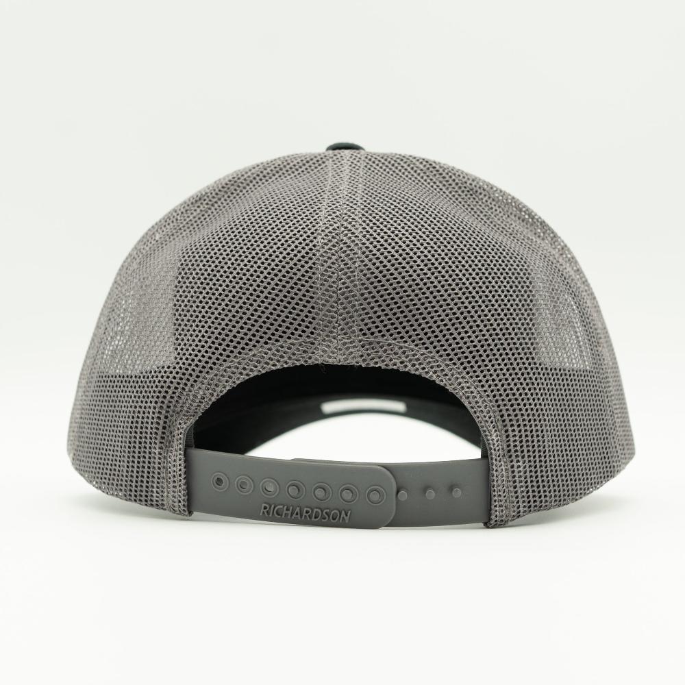 Back view of black and charcoal Richardson hat, mesh back and snapback strap 

Color: Black/Charcoal
