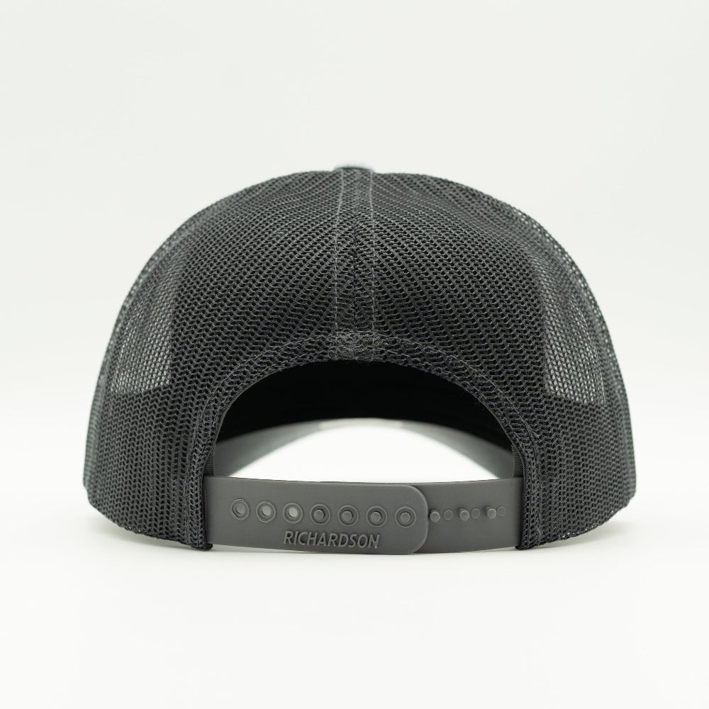 Back of Heather Grey Charcoal leather patch Richardson 115, charcoal mesh back and adjustable snap strap.

Color: Heather Grey/Charcoal