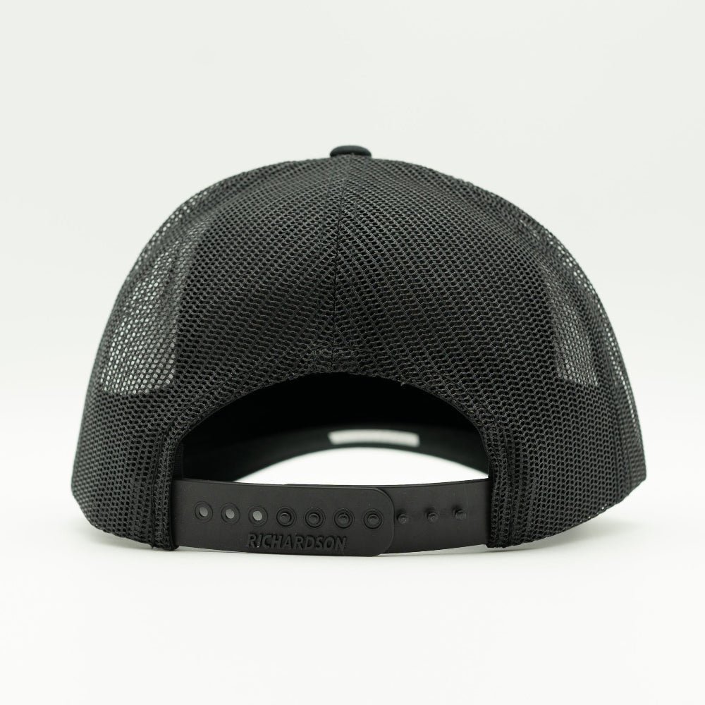Back view of black Mountain Explorer Richardson 115 low profile hat, showing black mesh back, snapback closure, and curved visor for an adjustable mountain trucker fit

Color: Solid Black