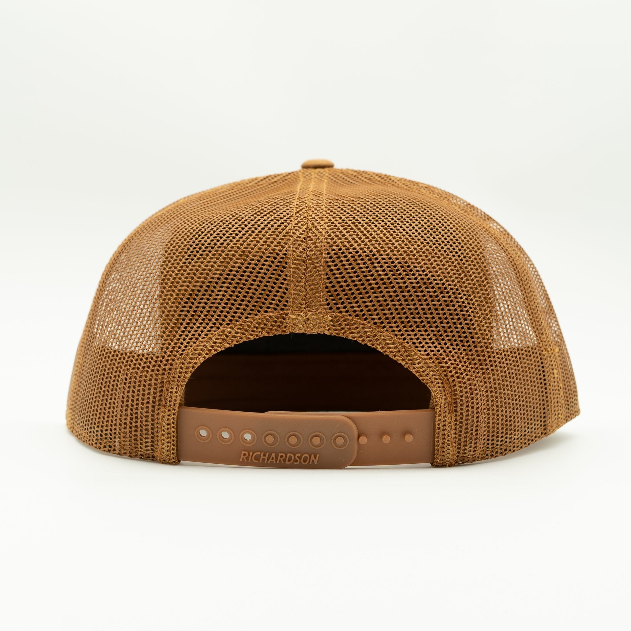 Back view of caramel Richardson 168 flat bill trucker hat, showing dark mesh back panels and adjustable snapback closure.

Color: Caramel 168 (OSFM)