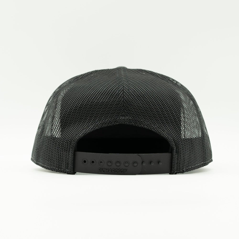 Back view of charcoal and black Richardson 168 trucker hat with mesh back and snapback, Colorado leather patch hat.

Color: Charcoal/Black 168 (OSFM)