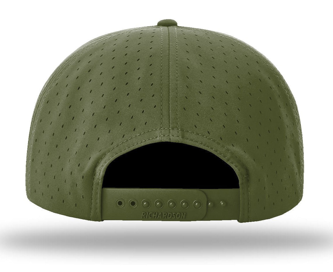Rear view of an olive green baseball cap with a perforated fabric crown and adjustable snapback closure, shown on a white background with a soft shadow.

Color: Olive