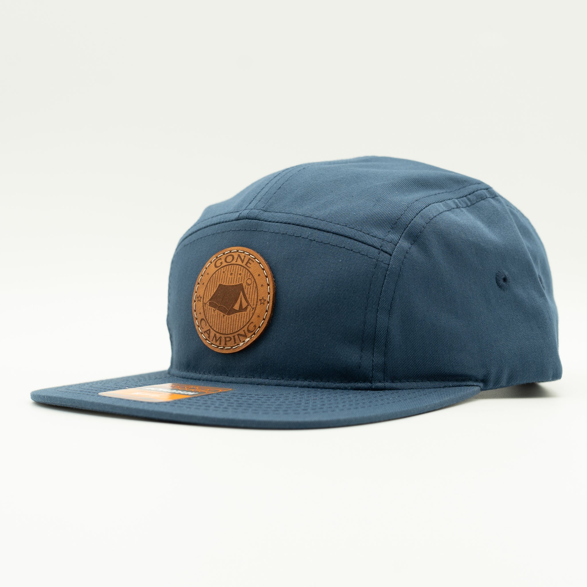 Side view of light navy Richardson 217 Gone Camping leather patch camper hat, flat bill.

Color: Light Navy