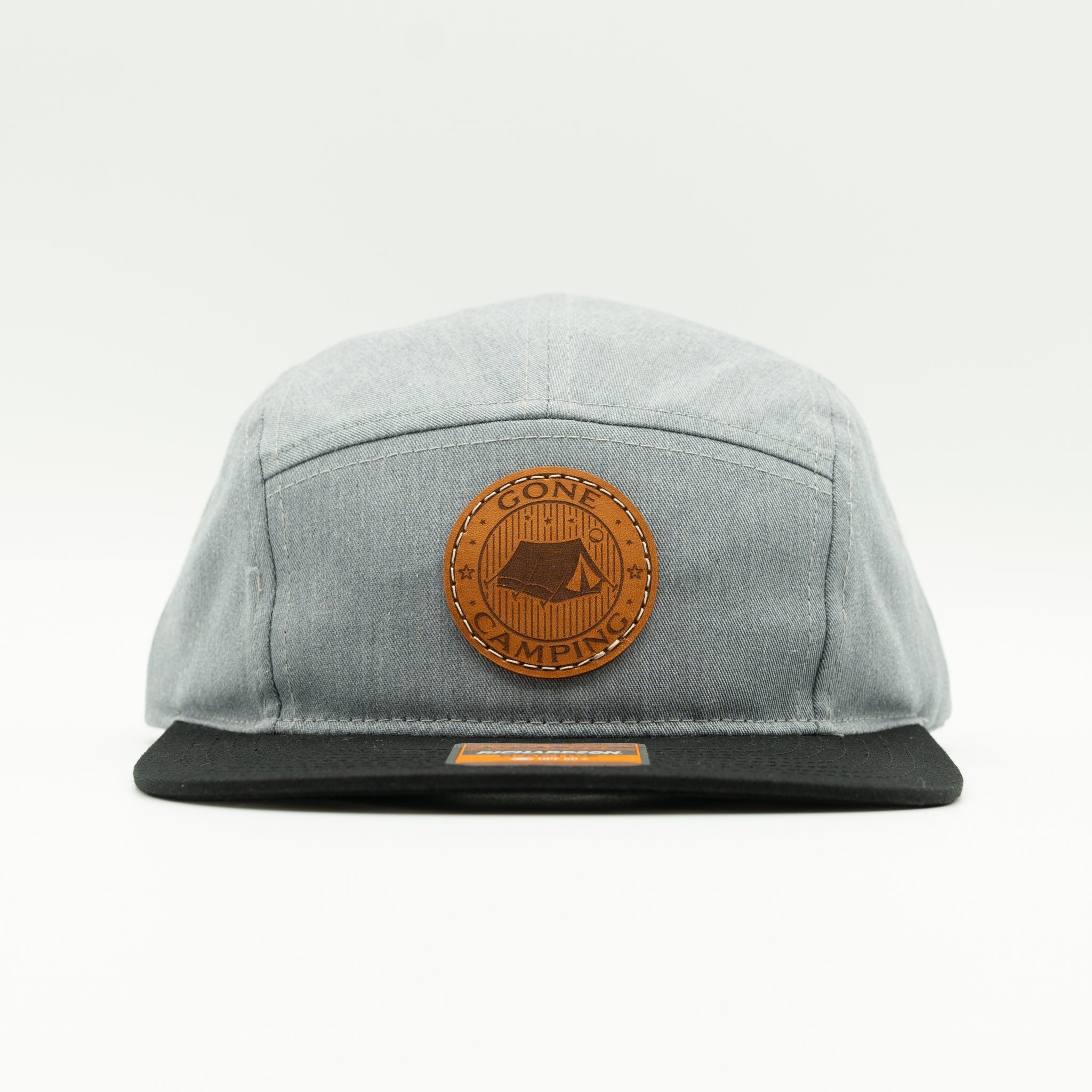 Front view of heather grey/black Richardson 217 camper hat with round Gone Camping tent patch.

Color: Heather Grey/Black