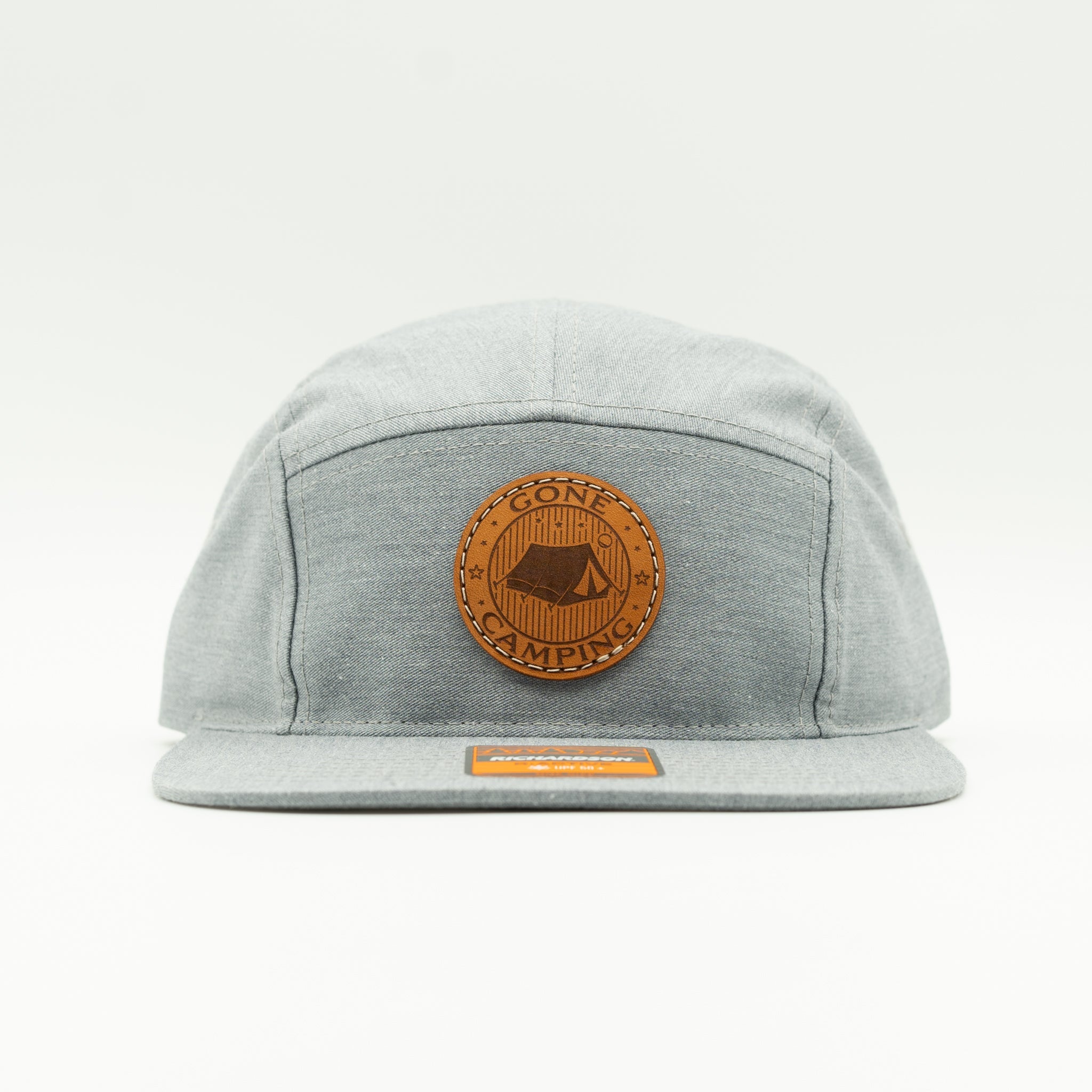 Front view of heather grey Richardson 217 camper hat with round Gone Camping tent leather patch.

Color: Heather Grey
