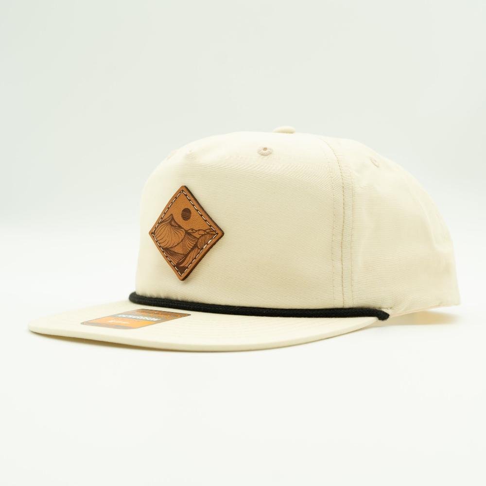 Side view of birch Richardson 256 Desert Mountain rope hat with light brown leather mountain patch and black rope accent.

Color: Birch