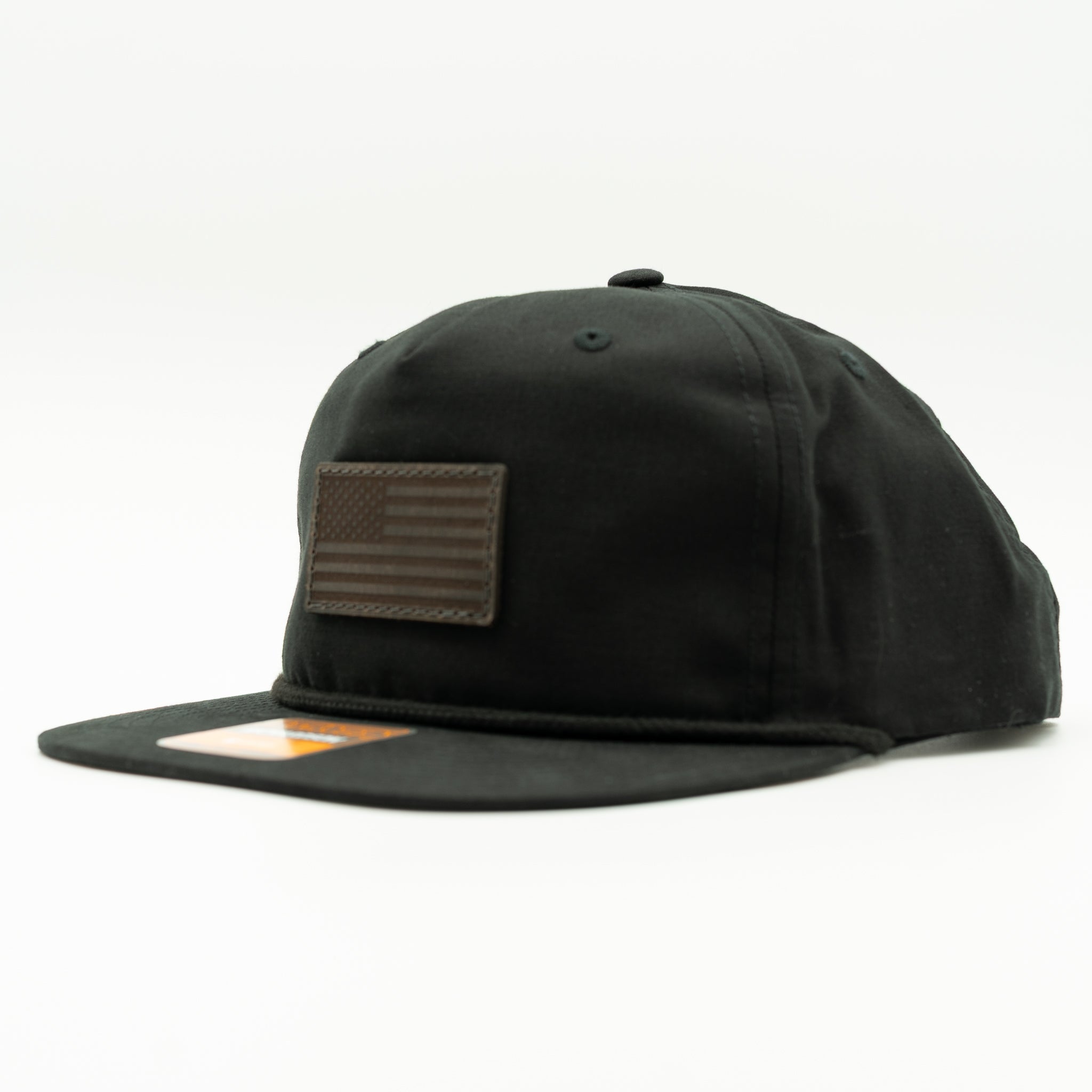 Black Richardson 256 American flag rope hat, side profile with charcoal leather patch and rope detail.

Color: Black