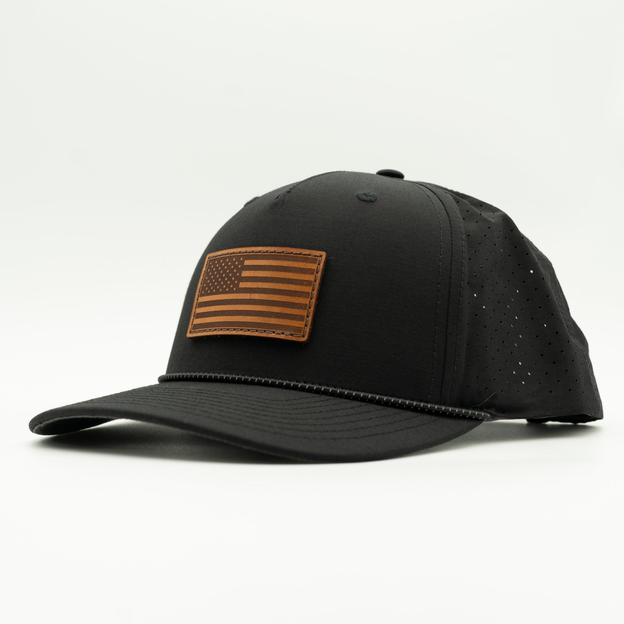 Black cap with a brown American flag patch on a white background

Color: Black