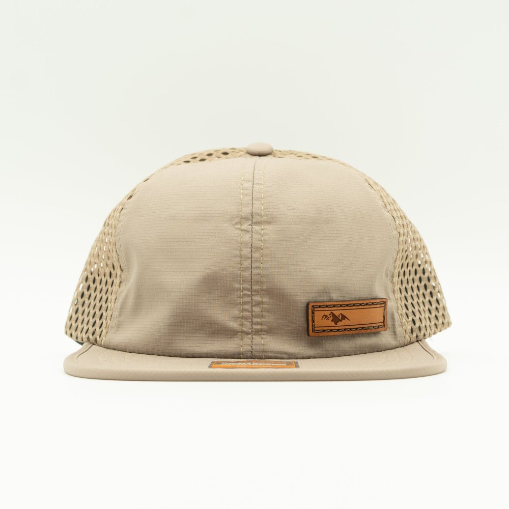 Khaki Richardson 935 performance hat front view showing full grain leather Active Mountain patch, water resistant mountain hat with curved bill

Color: Khaki/Khaki
