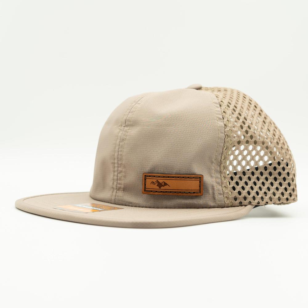 Khaki Richardson 935 performance hat side view with sewn leather Active Mountain patch and mesh back, water resistant packable outdoors hat

Color: Khaki/Khaki