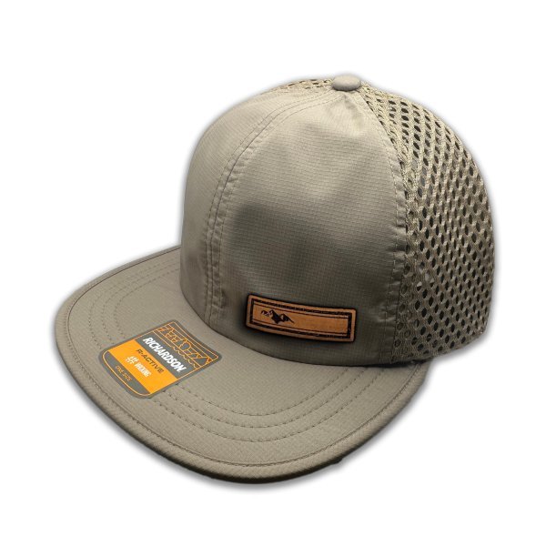 Side view of Richardson 935 hat in khaki/khaki, showing the water-resistant fabric and the detailed leather patch.