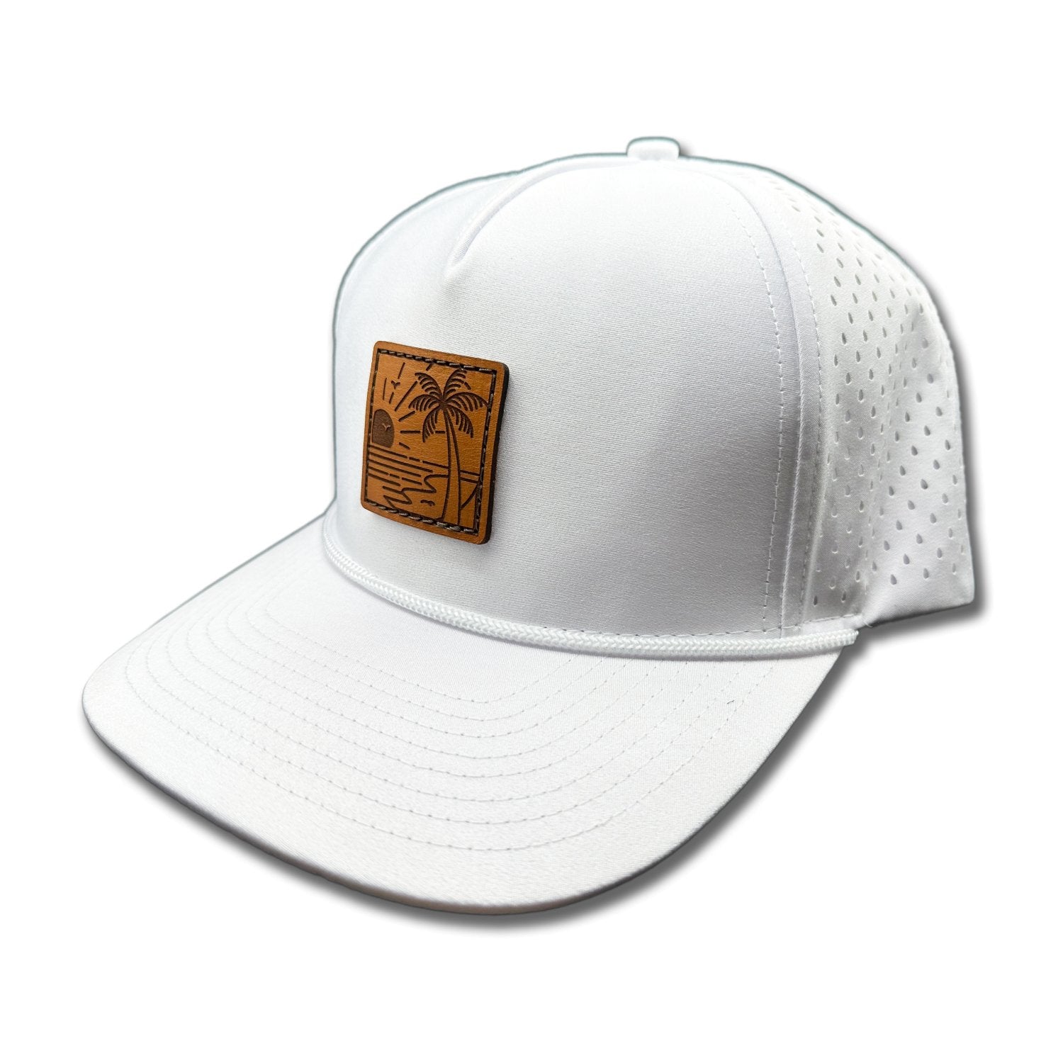 Side view of the Seaside Serenity Leather Patch Hat by Outer Wings in white, highlighting the rope detail, structured build, and adjustable snapback. A stylish, water-resistant custom leather patch hat for any adventure