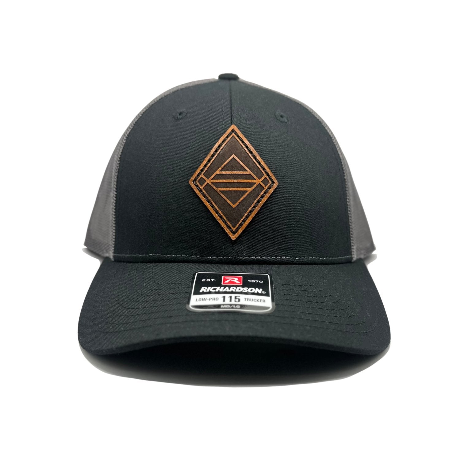 Front view of the Sky Diamond Leather Patch Hat by Outer Wings in Black/Charcoal, featuring a low-profile, structured Richardson 115 with a genuine leather patch showcasing the Sky Diamond design. Available in MD/LG size for outdoor enthusiasts and casual wear.