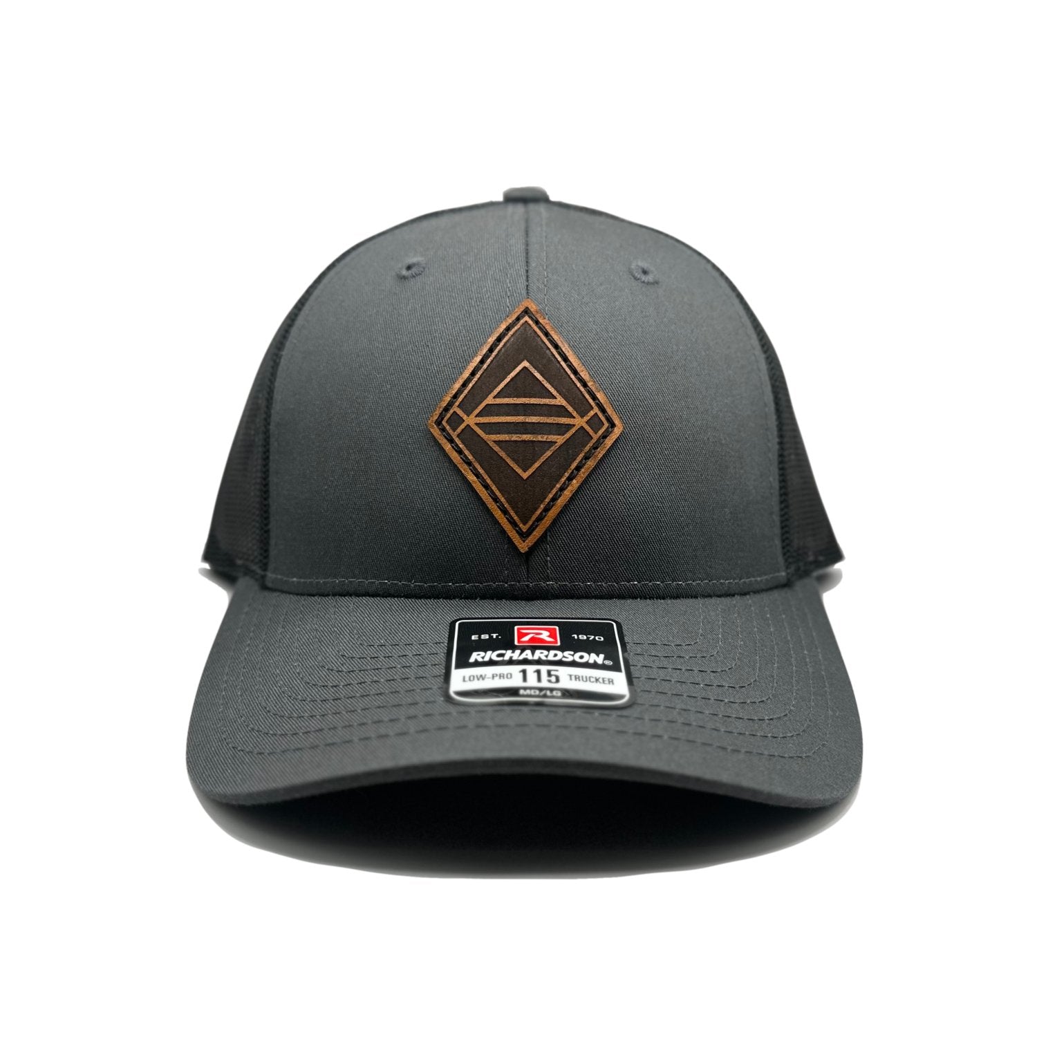 Front view of the Sky Diamond Leather Patch Hat by Outer Wings in Charcoal/Black, crafted on a low-profile Richardson 115 with a modern diamond leather patch design. Available in both Small and MD/LG sizes for outdoor activities and everyday wear.