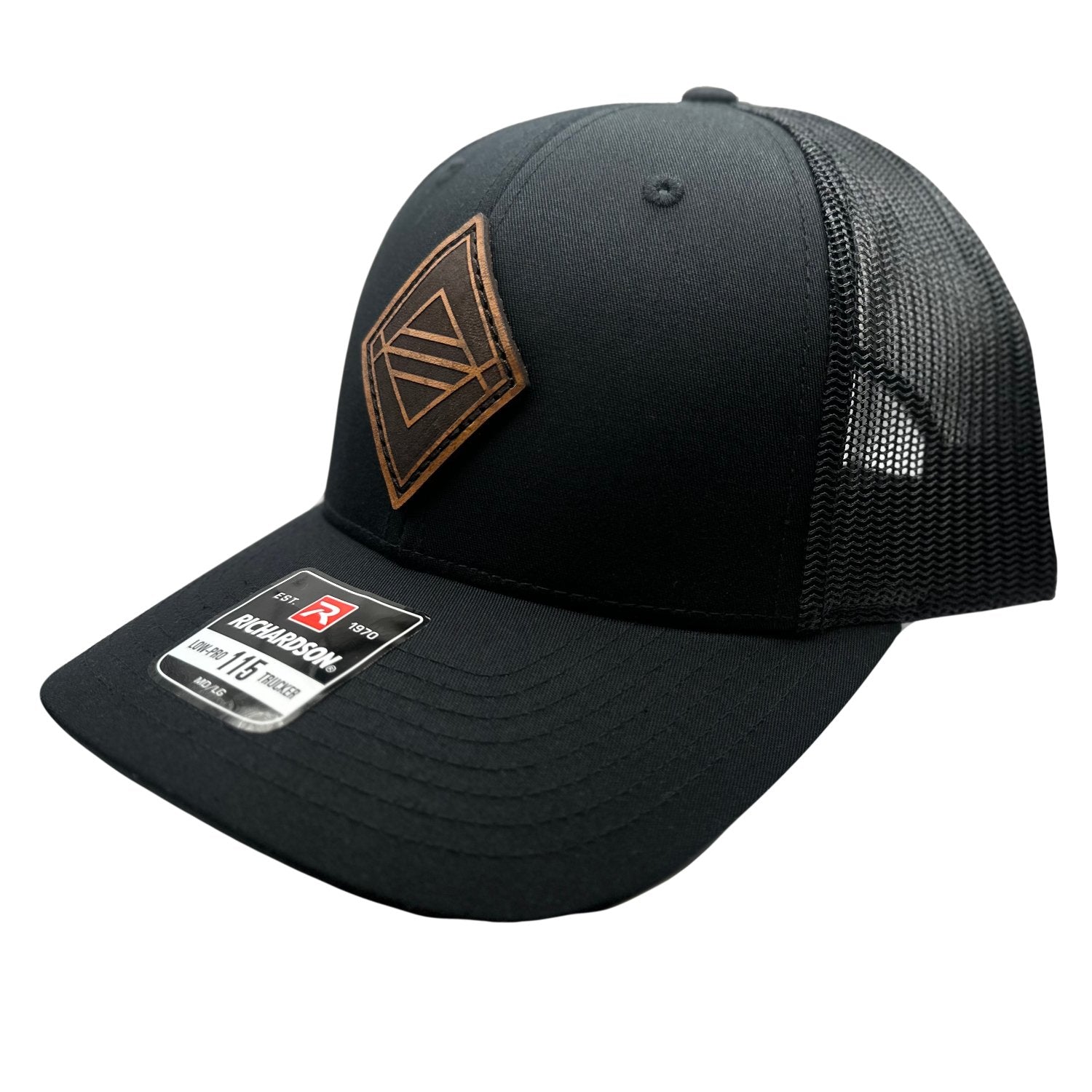 Side view of the Sky Diamond Leather Patch Hat by Outer Wings in Black/Black, highlighting the structured build, breathable mesh back, and adjustable SnapBack closure. A stylish and durable custom leather patch hat for all adventures.