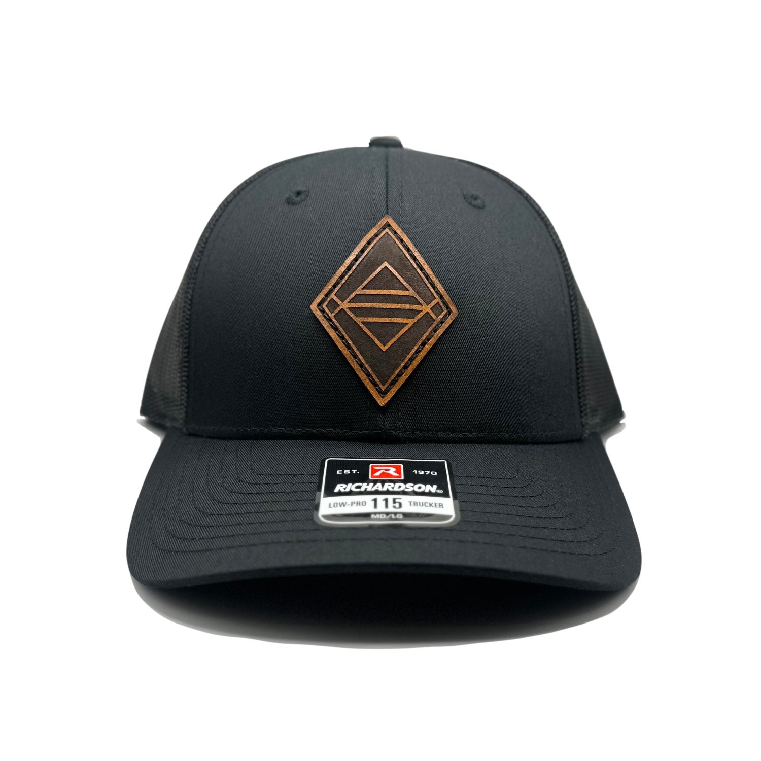 Front view of the Sky Diamond Leather Patch Hat by Outer Wings in Black/Black, featuring a low-profile, six-panel Richardson 115 hat with a premium leather patch of the Sky Diamond design. Available in Small and MD/LG sizes for outdoor enthusiasts and casual wear.