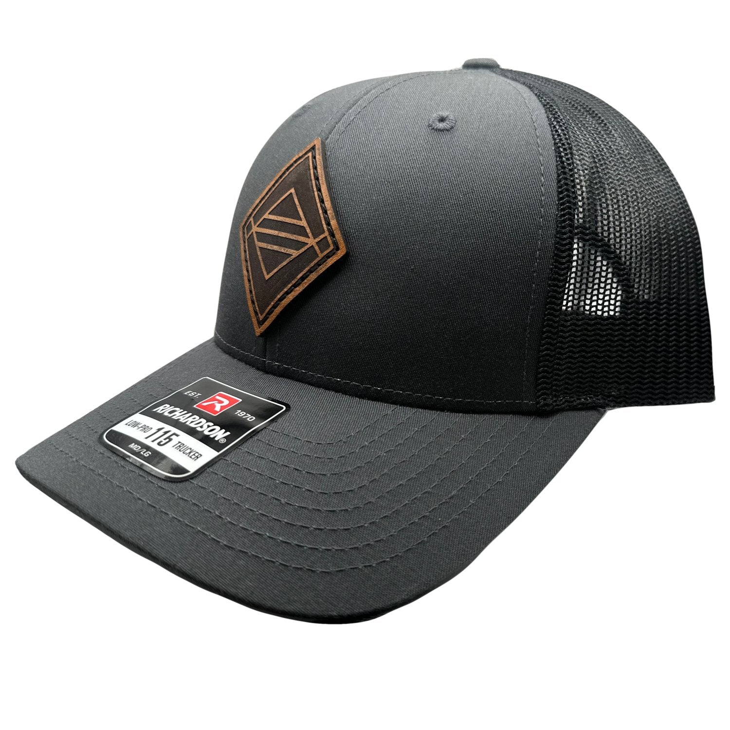  Side view of the Sky Diamond Leather Patch Hat by Outer Wings in Charcoal/Black, showcasing the breathable mesh back, adjustable SnapBack, and structured profile. A versatile outdoors hat for all your adventures.