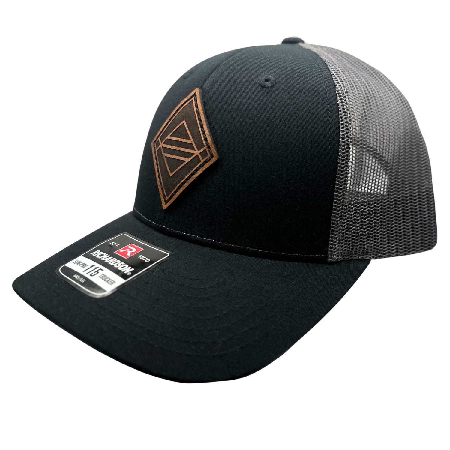 Side view of the Sky Diamond Leather Patch Hat by Outer Wings in Black/Charcoal, highlighting the mesh back, structured profile, and adjustable SnapBack closure. A rugged and stylish performance hat for all outdoor activities.