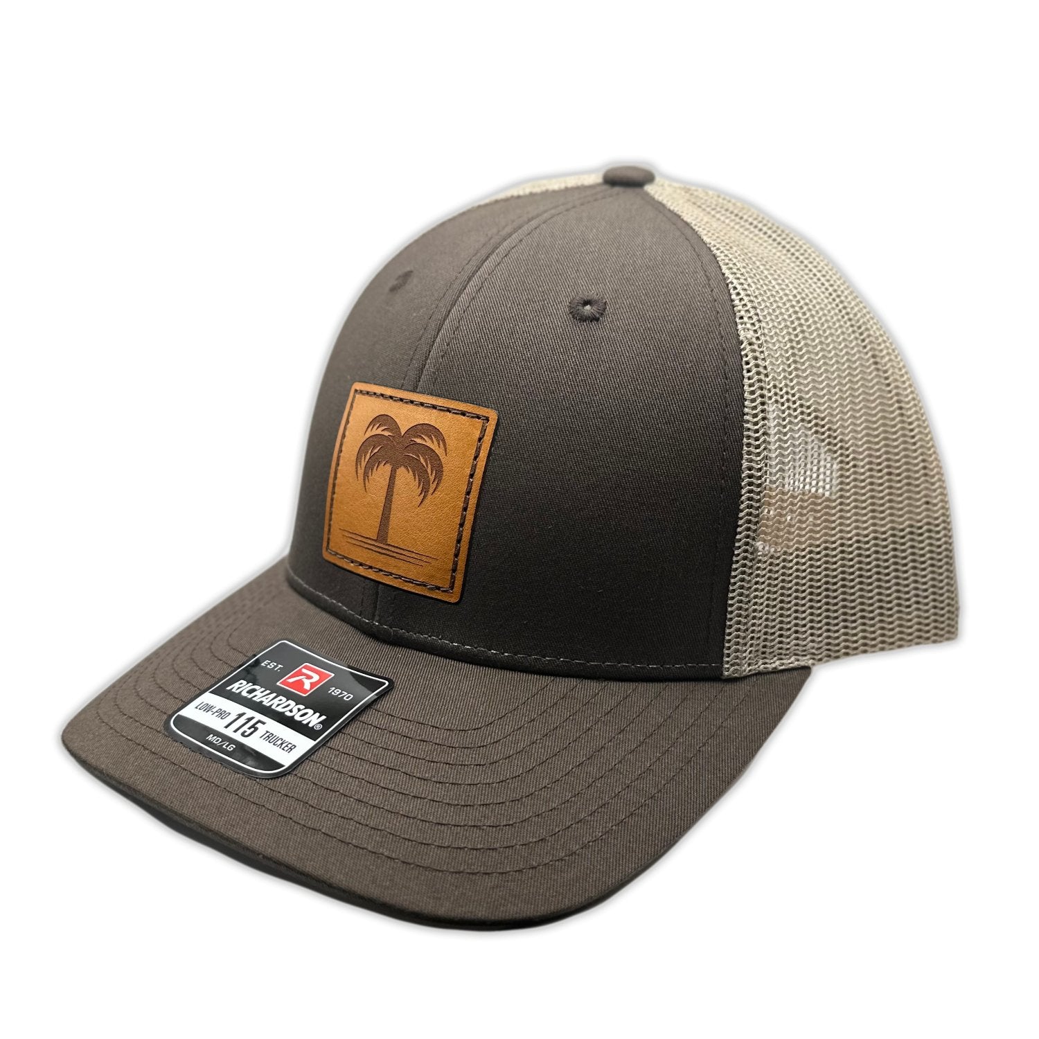 Side view of the Solo Palm Leather Patch Hat by Outer Wings in Brown/Khaki, highlighting the mesh back, adjustable SnapBack, and structured profile. A rugged yet stylish custom leather patch hat for all your outdoor activities.