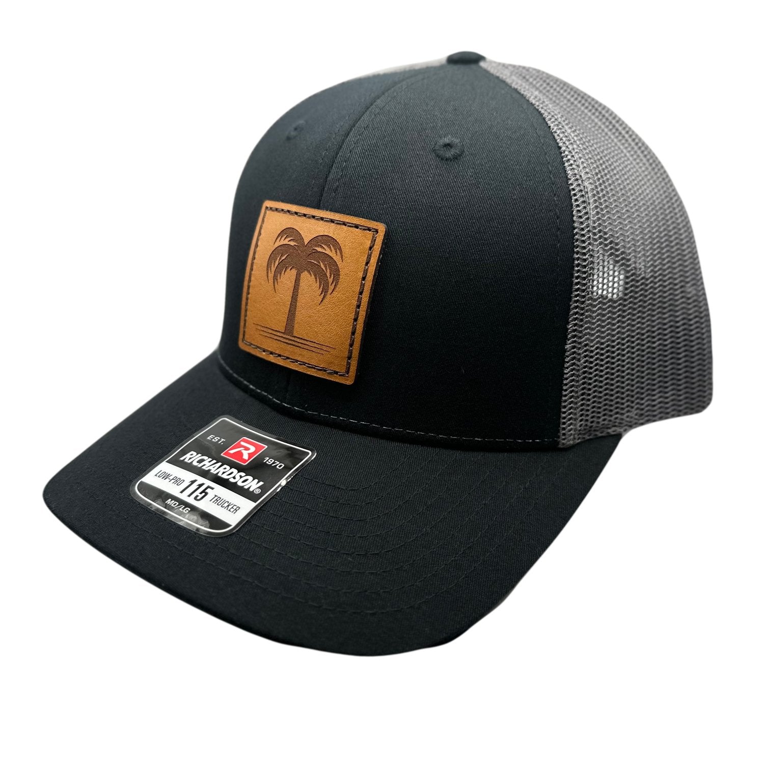 Side view of the Solo Palm Leather Patch Hat by Outer Wings in Black/Charcoal, featuring the breathable mesh back, adjustable SnapBack closure, and structured fit. A versatile custom leather patch hat for both casual and outdoor activities.