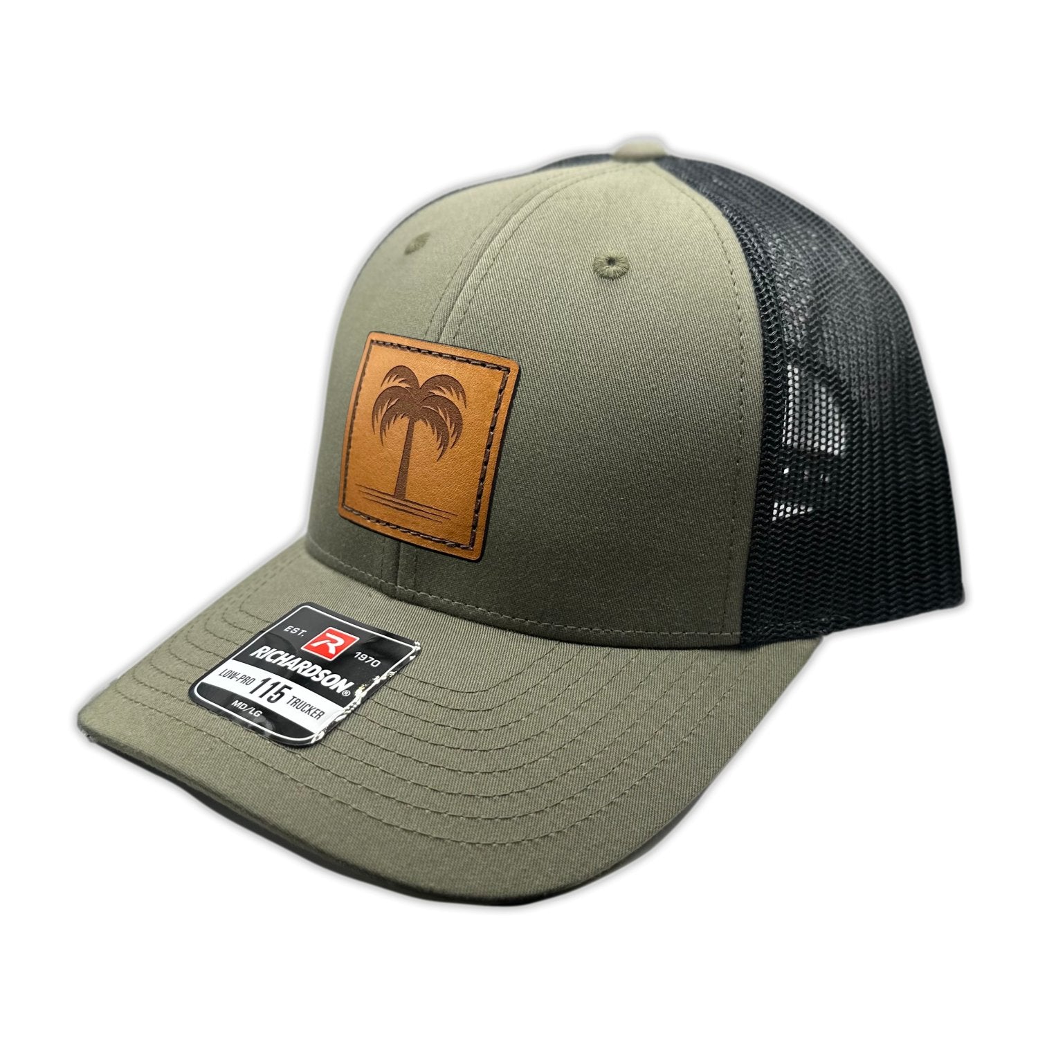 Side view of the Solo Palm Leather Patch Hat by Outer Wings in Loden/Black, showcasing the breathable mesh back, adjustable SnapBack closure, and structured fit. A rugged and versatile outdoors hat for all your adventures.