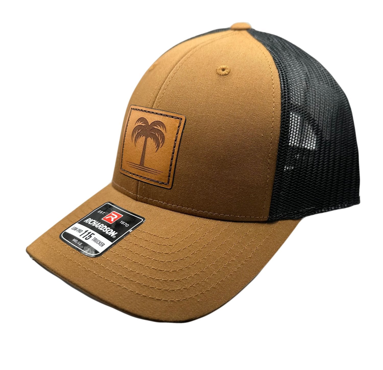 Side view of the Solo Palm Leather Patch Hat by Outer Wings in Caramel/Black, highlighting the structured profile, breathable mesh back, and adjustable SnapBack closure. A stylish and durable custom leather patch hat for casual and outdoor wear.