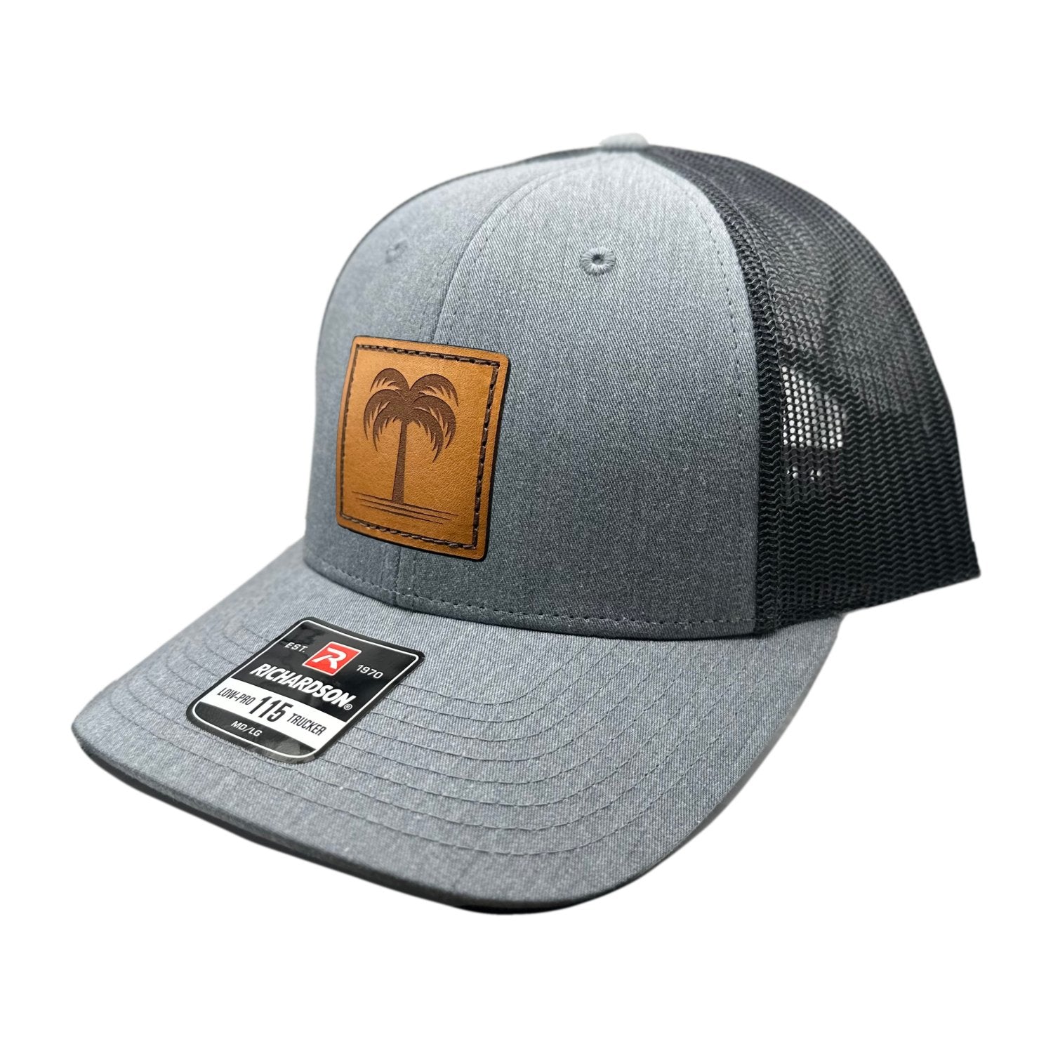 Side view of the Solo Palm Leather Patch Hat by Outer Wings in Heather Grey/Charcoal, highlighting the breathable mesh back, adjustable SnapBack, and structured profile. A durable and stylish custom leather patch hat for all-day wear.