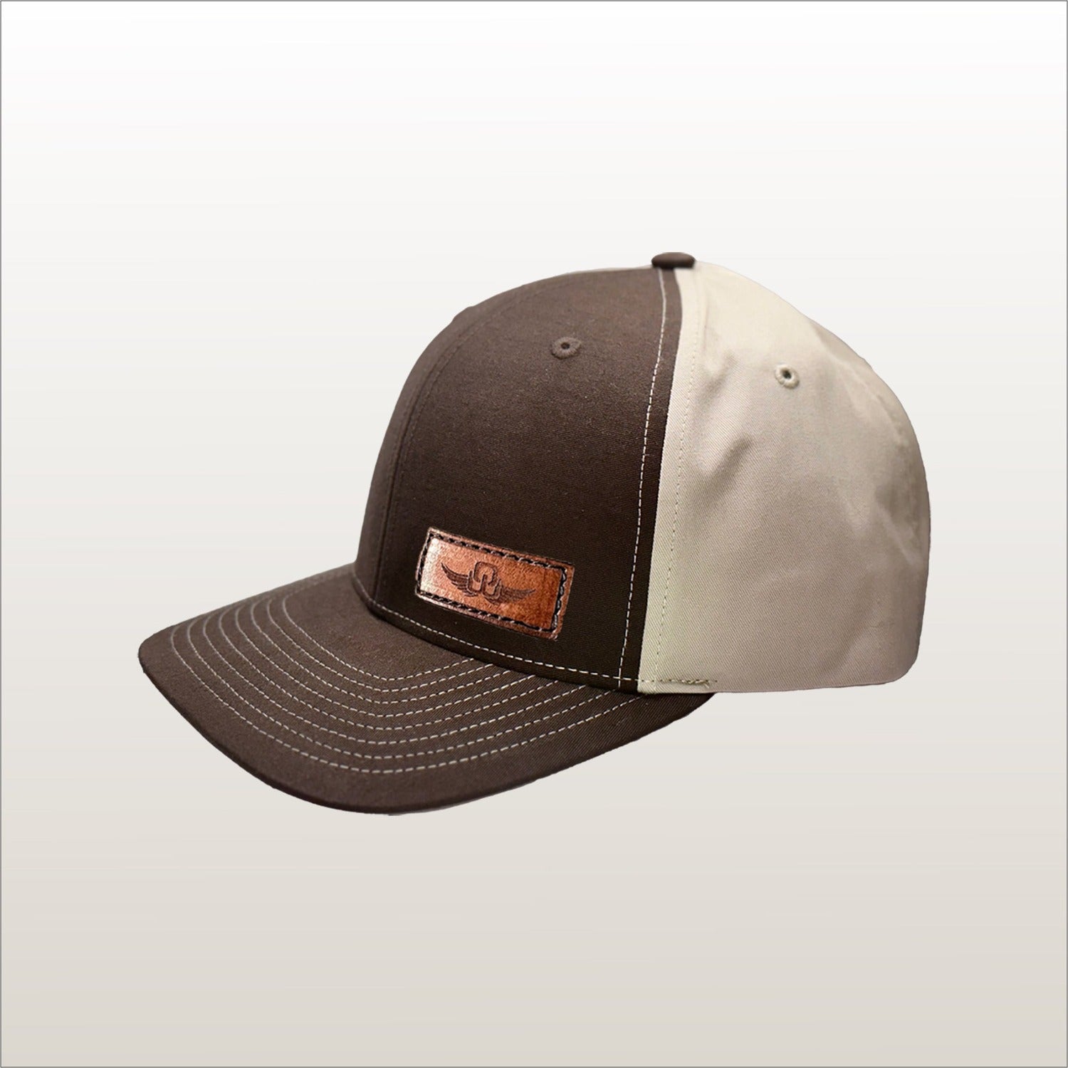 Custom Richardson 312 Leather Patch Hat. Laser Engraved, full-grain, veg tanned, leather patch. We Design and make each custom leather patch in Colorado, USA. We then hand sew each custom patch onto a best selling Richardson hat.