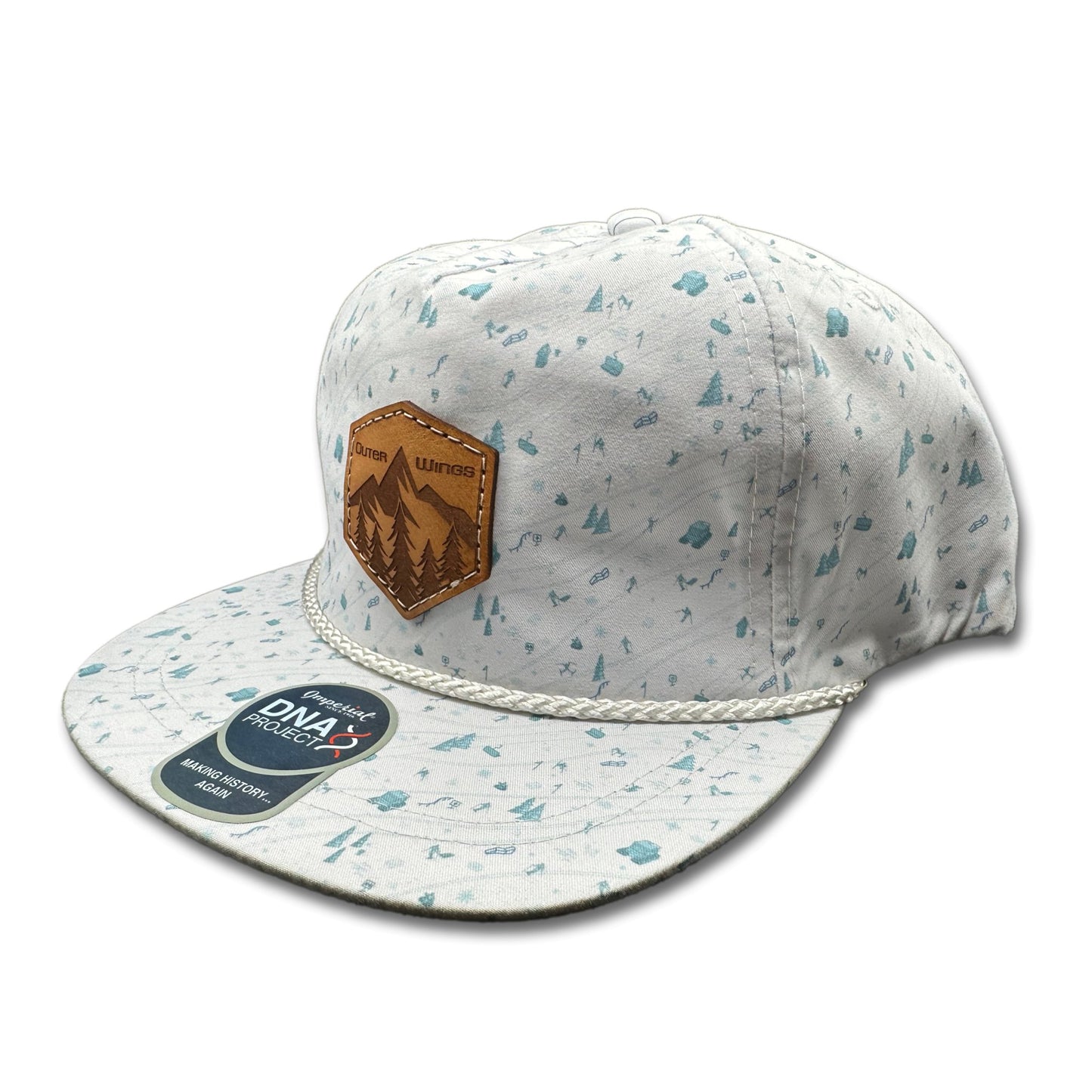 Side view of the Summit Seeker Leather Patch Hat by Outer Wings in Blue Mountain, showcasing the adjustable leather strap, green undervisor, and white rope detailing. A perfect outdoor hat for exploring the great outdoors.