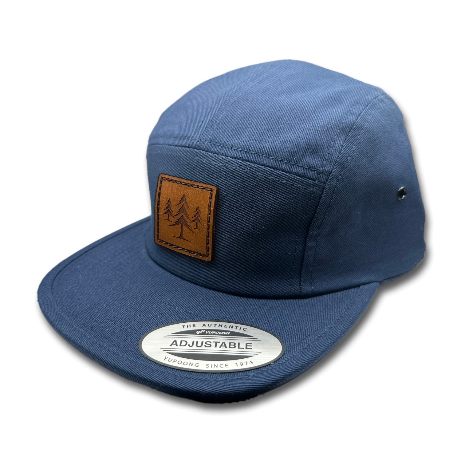 Side view of the Three Lil Pines Leather Patch Hat by Outer Wings in Navy, showcasing the structured design, flat bill, and adjustable strap. A durable and stylish custom leather patch hat for outdoor enthusiasts.